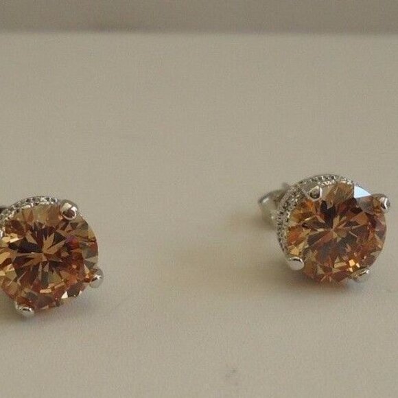 925 STERLING SILVER CHAMPAGNE STUD EARRINGS SIMULATED CHAMPAGNE DIAMONDS/8MM - Picture 5 of 10